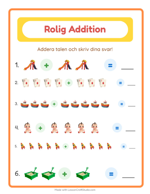 Förhandsvisning av Addition-arbetsblad med Leksaker för Förskoleklass