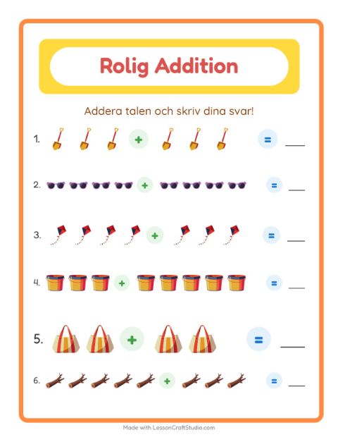 Förhandsvisning av Addition-arbetsblad med Strand för Förskoleklass
