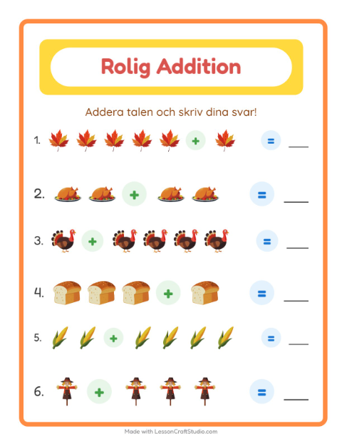 Förhandsvisning av Addition-arbetsblad med Thanksgiving för Förskoleklass