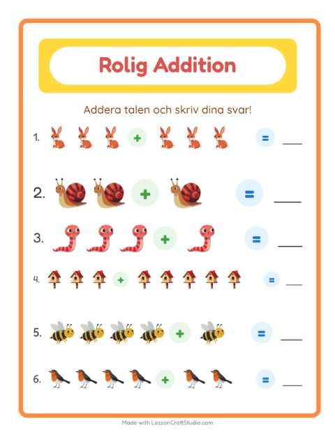 Förhandsvisning av Addition-arbetsblad med Vår för Förskoleklass