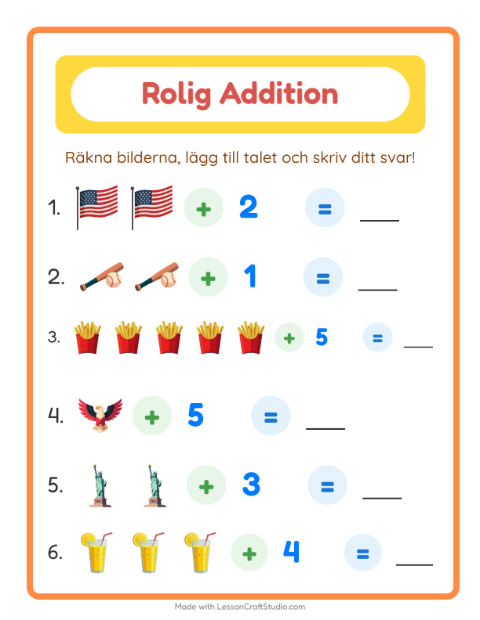 Förhandsvisning av Addition-arbetsblad med 4 juli för Förskoleklass