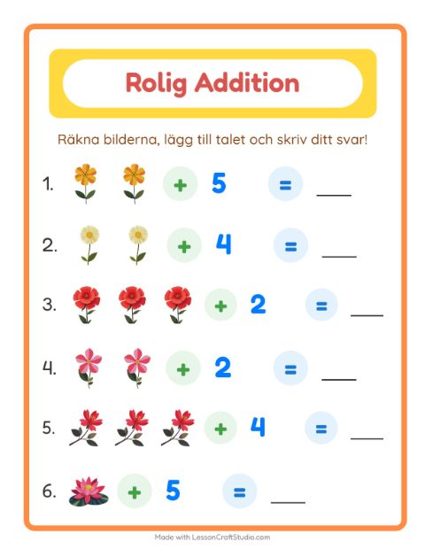 Förhandsvisning av Addition-arbetsblad med Blommor för Förskoleklass