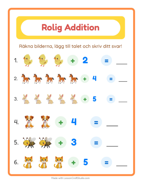 Förhandsvisning av Addition-arbetsblad med Bondgårdsdjur för Förskoleklass