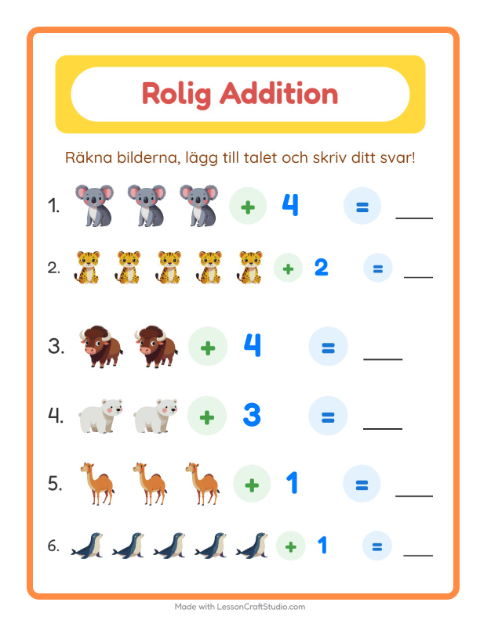Förhandsvisning av Addition-arbetsblad med Djurparksdjur för Förskoleklass