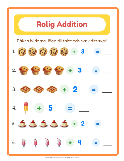 Förhandsvisning av Addition-arbetsblad med Efterrätter och godis för Förskoleklass