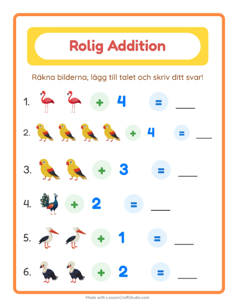 Förhandsvisning av Addition-arbetsblad med Fåglar för Förskoleklass