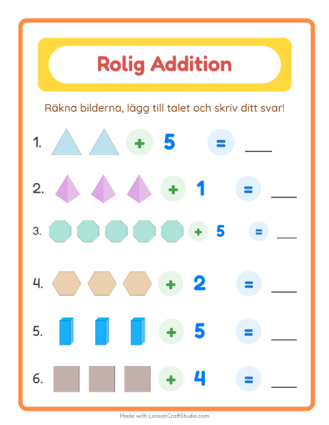 Förhandsvisning av Addition med bild och siffra och former – arbetsblad för årskurs 1