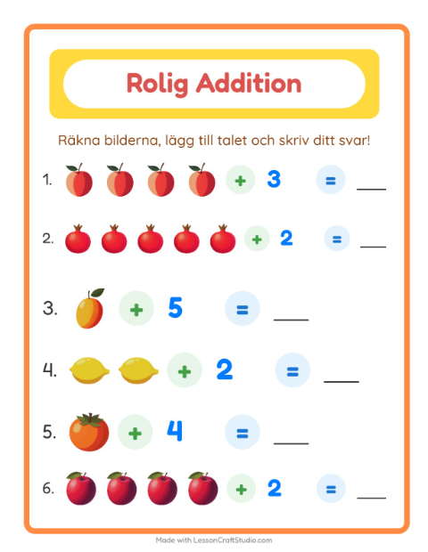 Förhandsvisning av Addition med bild och siffra och frukter – arbetsblad för årskurs 1