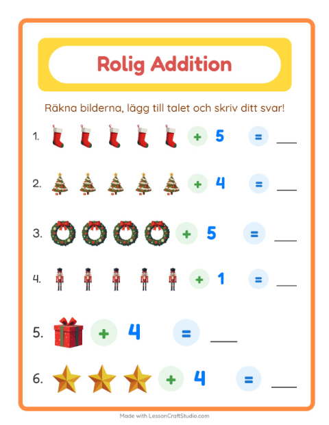 Förhandsvisning av Addition-arbetsblad med Jul för Förskoleklass