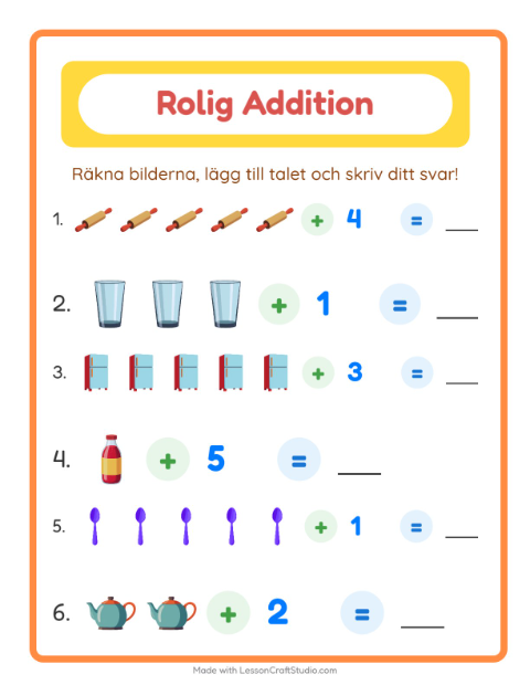 Förhandsvisning av Addition-arbetsblad med Köksredskap för Förskoleklass
