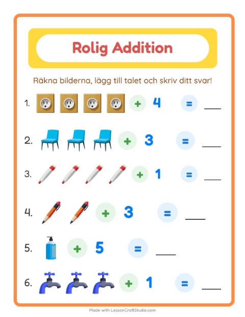 Förhandsvisning av Addition med bild och siffra och saker – arbetsblad för årskurs 1