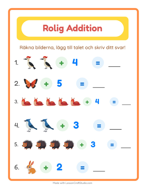 Förhandsvisning av Addition med bild och siffra och djur – arbetsblad för årskurs 1