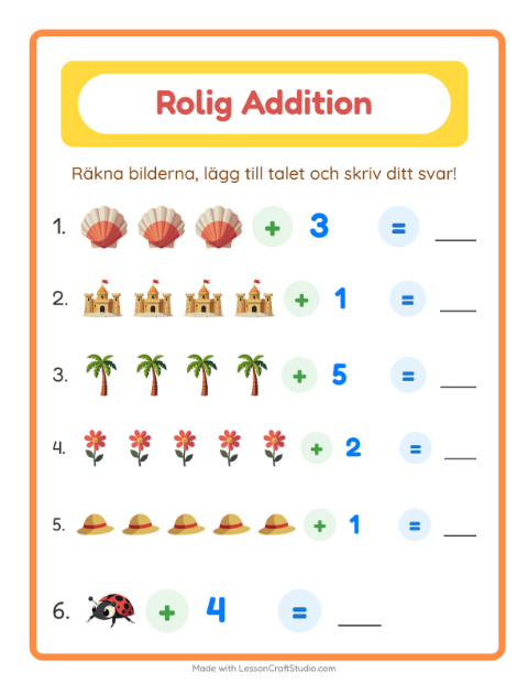 Förhandsvisning av Addition-arbetsblad med Sommar för Förskoleklass