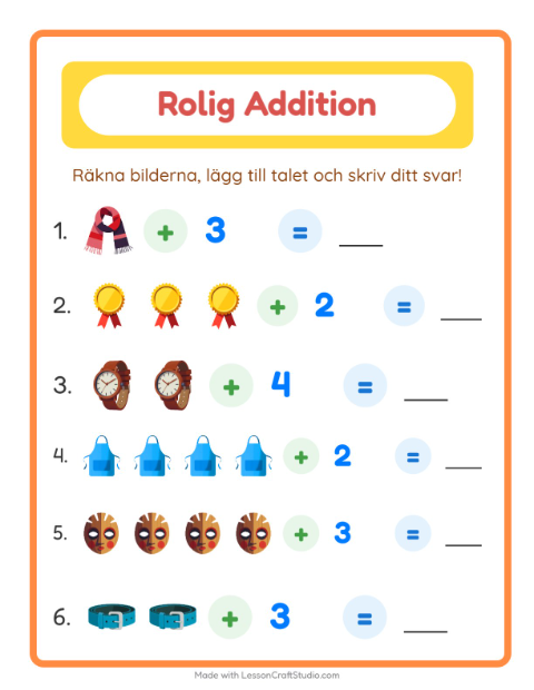 Förhandsvisning av Addition-arbetsblad med Tillbehör för Förskoleklass