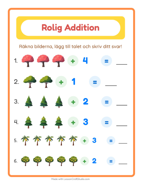 Förhandsvisning av Addition-arbetsblad med Träd för Förskoleklass