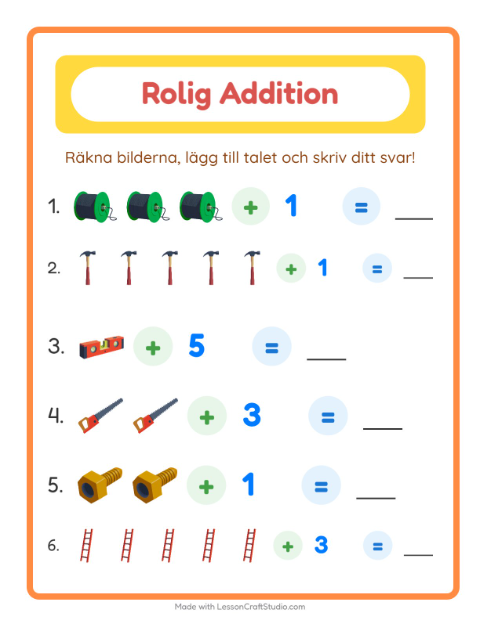 Förhandsvisning av Addition-arbetsblad med Verktyg för Förskoleklass