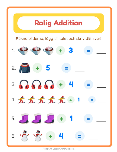 Förhandsvisning av Addition-arbetsblad med Vinter för Förskoleklass