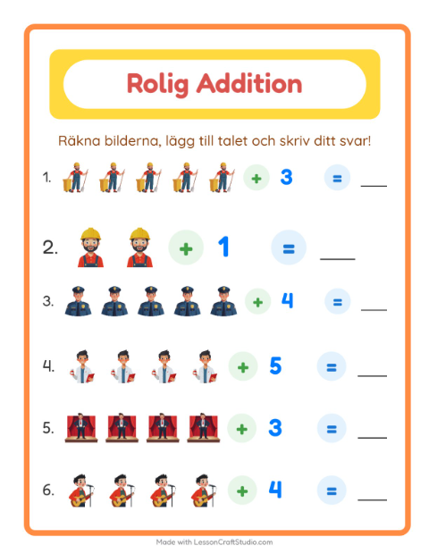 Förhandsvisning av Addition-arbetsblad med Yrken för Förskoleklass