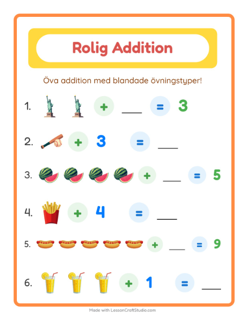 Förhandsvisning av Addition-arbetsblad med 4 juli för Förskoleklass