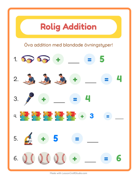 Förhandsvisning av Addition-arbetsblad med Aktiviteter för Förskoleklass
