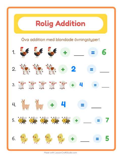 Förhandsvisning av Addition-arbetsblad med Bondgårdsdjur för Förskoleklass
