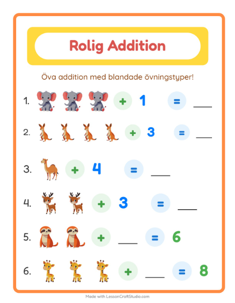 Förhandsvisning av Addition-arbetsblad med Djurparksdjur för Förskoleklass