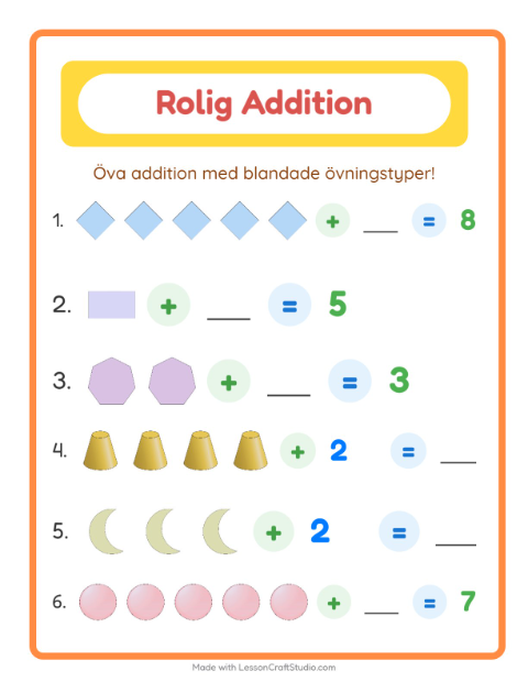 Förhandsvisning av Blandad addition med former – arbetsblad för årskurs 1