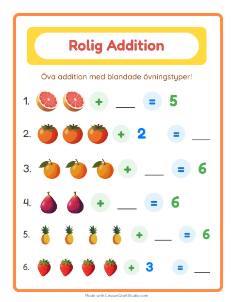 Förhandsvisning av Blandad addition med frukter – arbetsblad för årskurs 1
