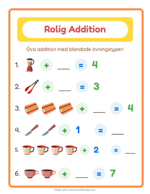 Förhandsvisning av Blandad addition med redskap – arbetsblad för årskurs 1