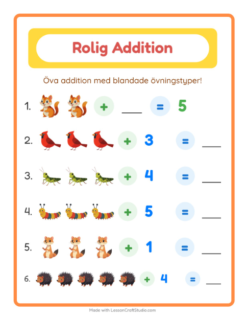 Förhandsvisning av Addition-arbetsblad med Skogsdjur för Förskoleklass