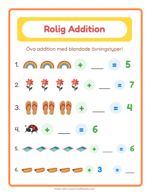 Förhandsvisning av Addition-arbetsblad med Sommar för Förskoleklass