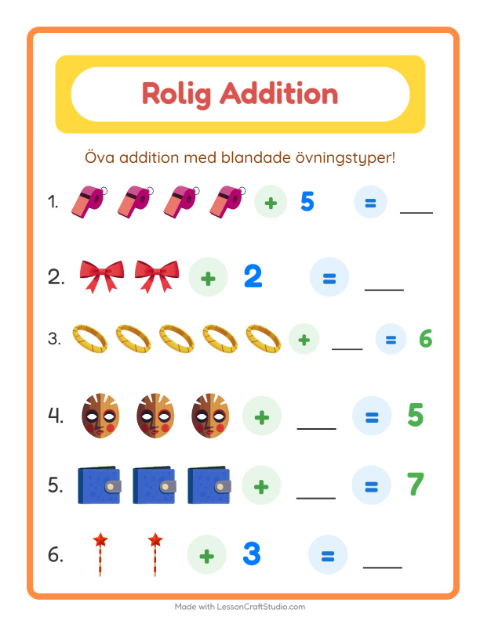 Förhandsvisning av Addition-arbetsblad med Tillbehör för Förskoleklass