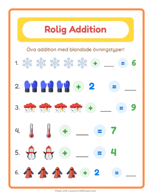 Förhandsvisning av Addition-arbetsblad med Väder för Förskoleklass