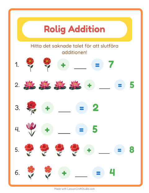 Förhandsvisning av Addition-arbetsblad med Blommor för Förskoleklass