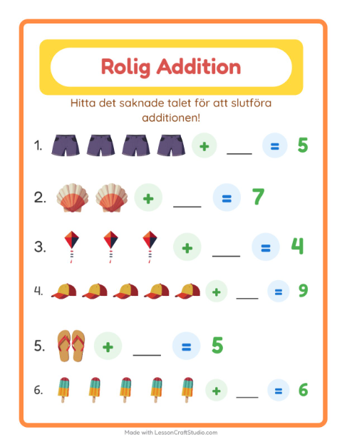 Förhandsvisning av Addition-arbetsblad med Sommar för Förskoleklass