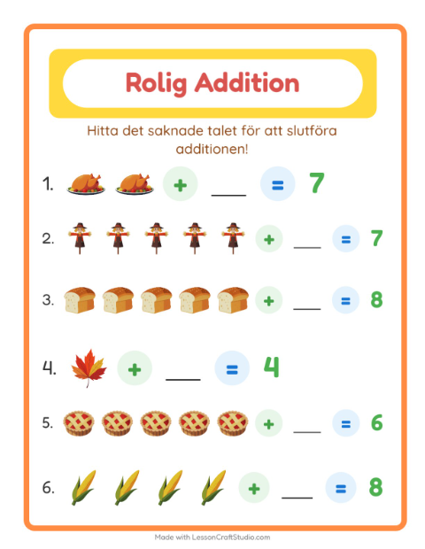 Förhandsvisning av Addition-arbetsblad med Thanksgiving för Förskoleklass