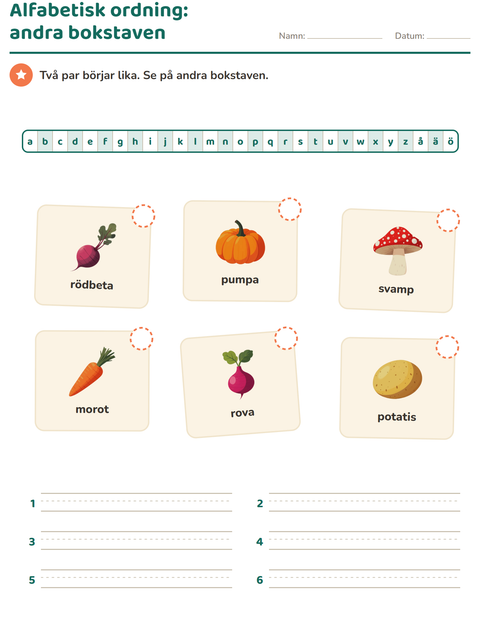 Förhandsvisning av Alfabetisk ordning-arbetsblad med Grönsaker för Årskurs 1