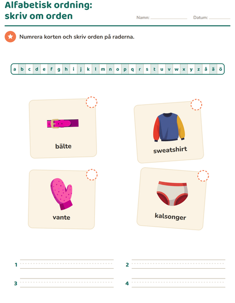 Förhandsvisning av Alfabetisk ordning-arbetsblad med Kläder för Årskurs 1