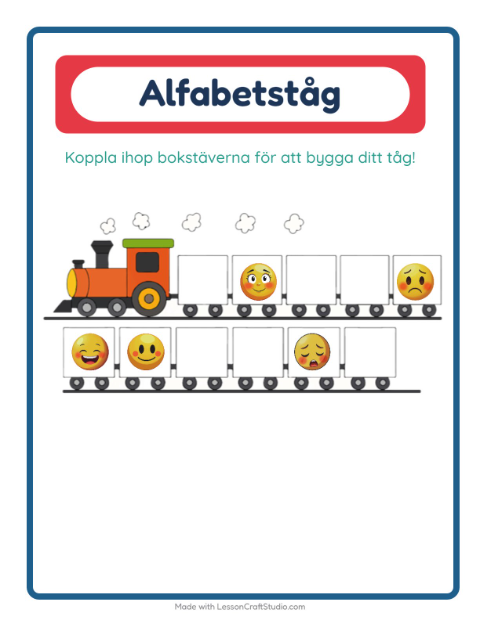 Förhandsvisning av Alfabetståget-arbetsblad med Känslor för Förskola