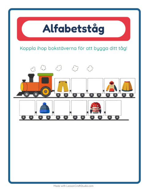 Förhandsvisning av Alfabetståget-arbetsblad med Kläder för Förskola