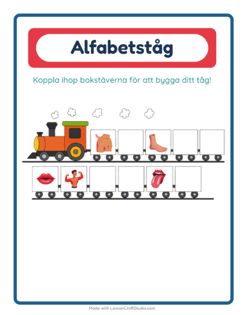 Förhandsvisning av Alfabetståget-arbetsblad med Kroppsdelar för Förskola