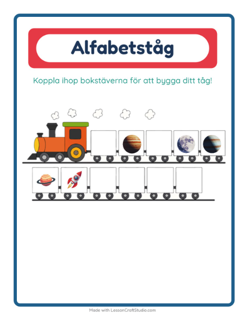 Förhandsvisning av Alfabetståget-arbetsblad med Rymden för Förskola