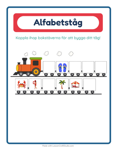 Förhandsvisning av Alfabetståget-arbetsblad med Strand för Förskola
