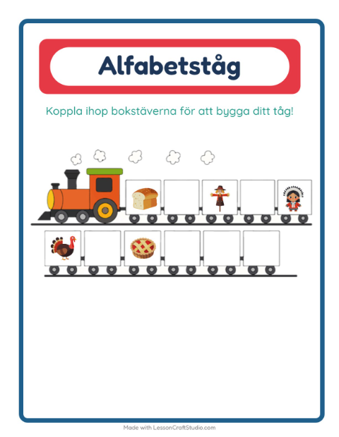 Förhandsvisning av Alfabetståget-arbetsblad med Thanksgiving för Förskola