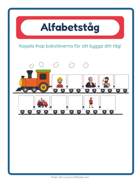 Förhandsvisning av Alfabetståget-arbetsblad med Yrken för Förskola