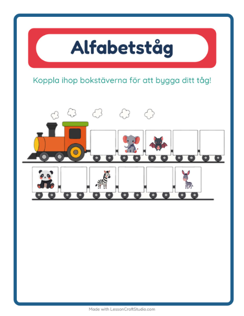 Förhandsvisning av Alfabetståg med djur – arbetsblad för förskolan