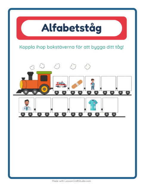 Förhandsvisning av Alfabetståget-arbetsblad med Sjukhus för Förskola