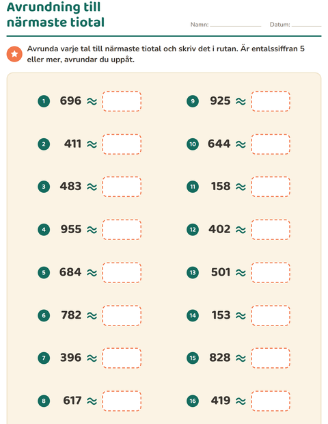 Förhandsvisning av Avrundning-arbetsblad för Årskurs 2