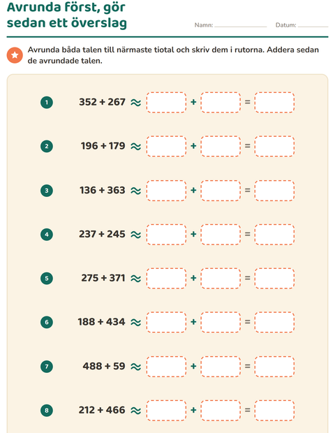 Förhandsvisning av Avrundning-arbetsblad för Årskurs 3