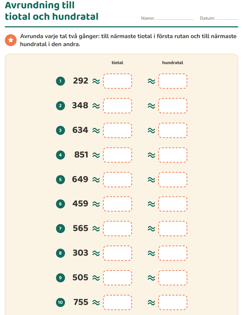Förhandsvisning av Avrundning-arbetsblad för Årskurs 3